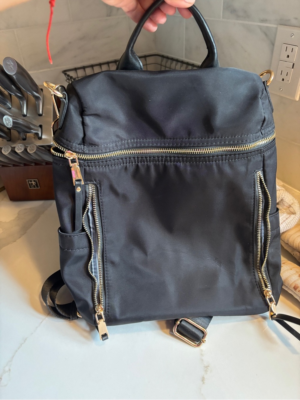Black Nylon Women's Backpack with Gold Hardware